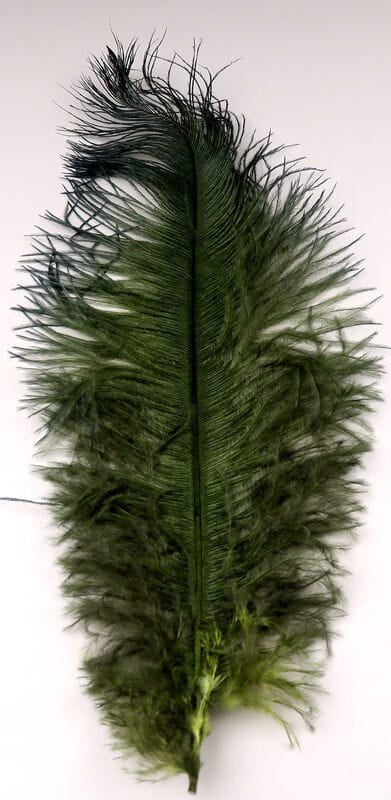 Hareline olive-green ostrich herl for fly tying, long soft wispy plume with fluffy barbs and visible central rachis
