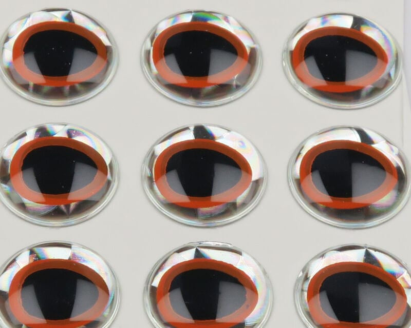 Hareline adhesive 3D oval eyes: domed black centers with orange rings and holographic backing