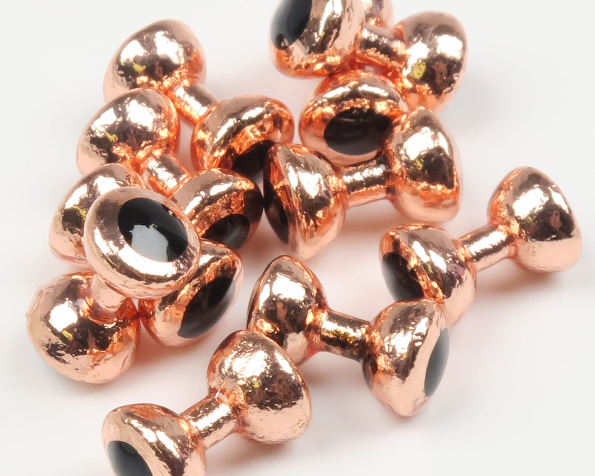 Copper-painted lead fly eyes with glossy black pupils, hammered metallic finish and dumbbell shape for fly tying