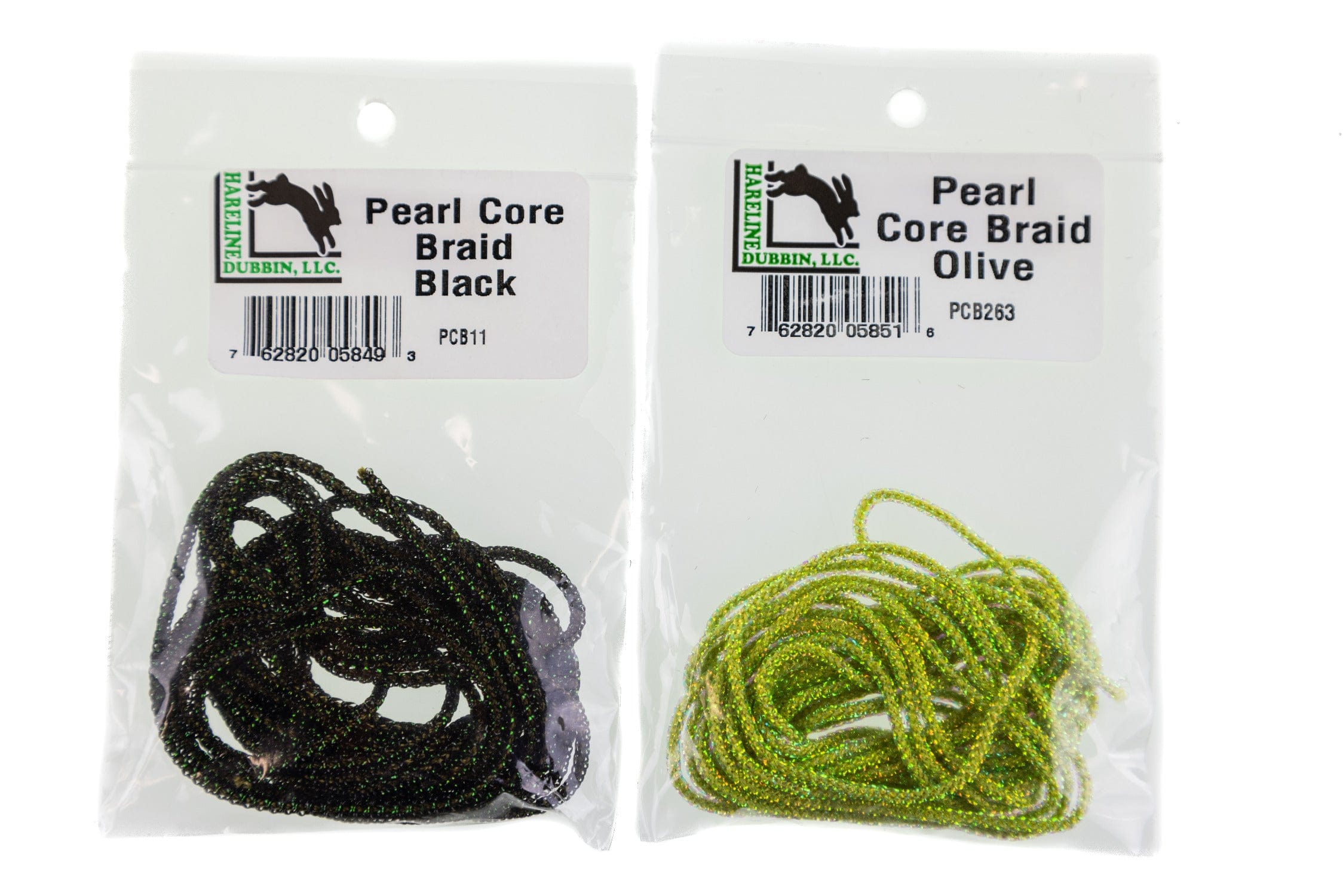 Hareline Pearl Core Braid packs showing sparkly braided fly tying cord in black and olive in clear resealable bags