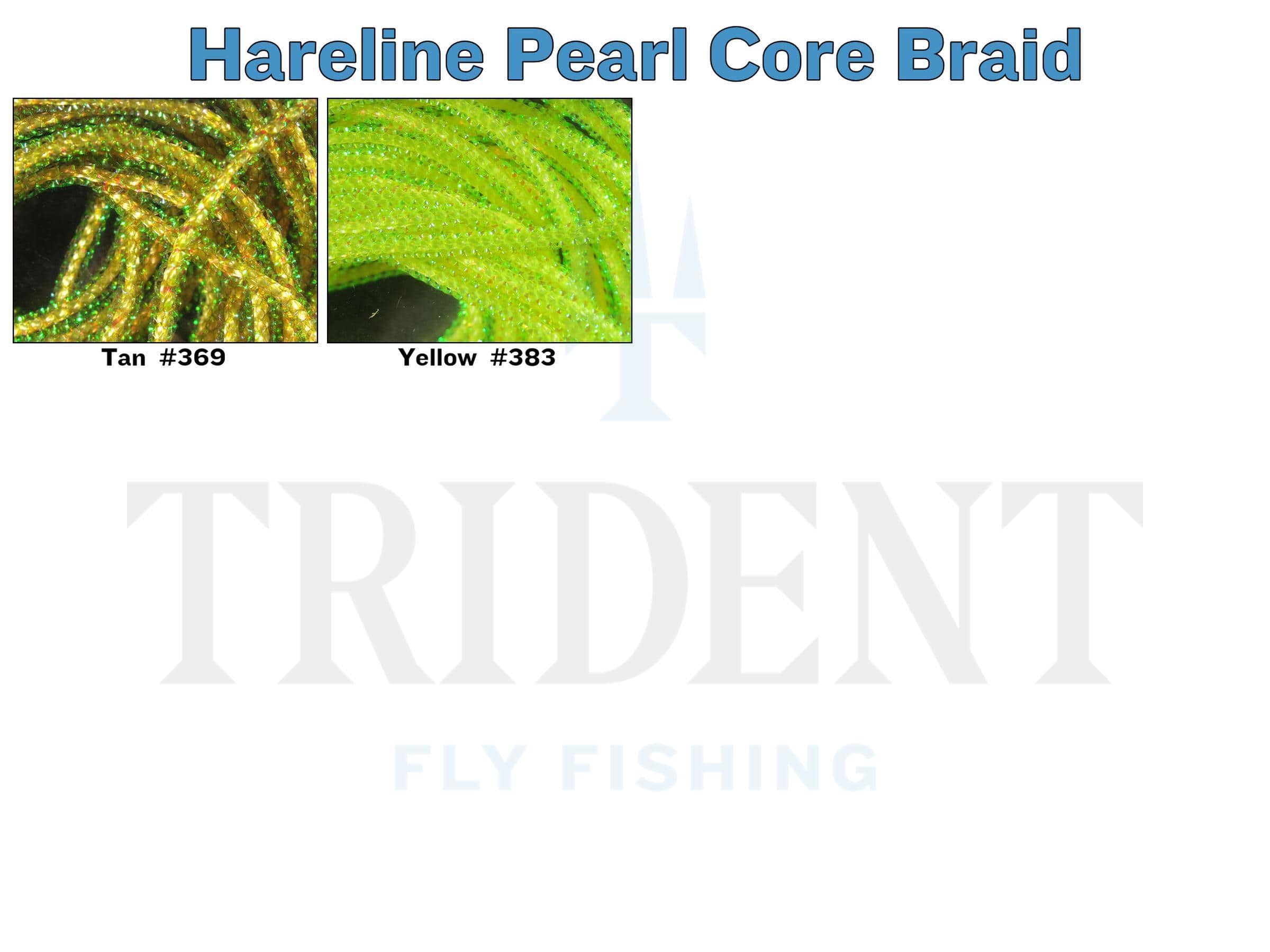 Hareline pearl core braid close-ups: tan #369 and chartreuse yellow #383, iridescent pearlescent nylon braid for fly tying