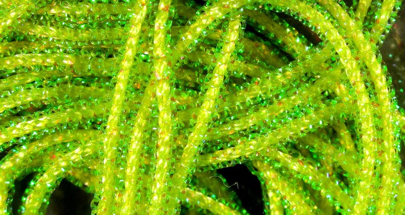 Hareline Pearl Core Braid chartreuse green braided pearlescent tube with iridescent sparkle for fly tying