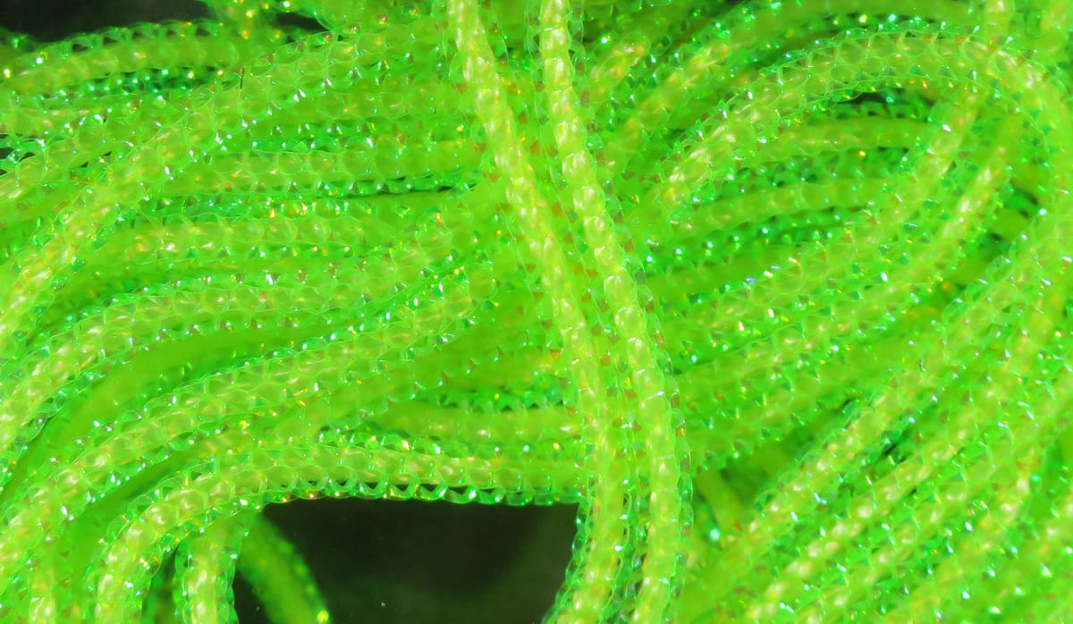Hareline Pearl Core Braid bright chartreuse translucent iridescent braided tubing for fly tying