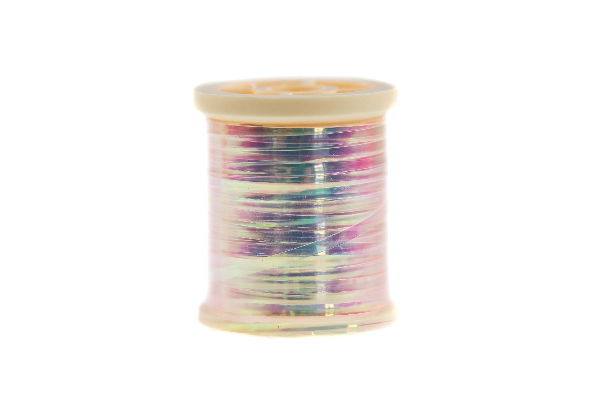 Spool of Hareline pearlescent flat tinsel with iridescent pastel rainbow strands on a cream plastic spool