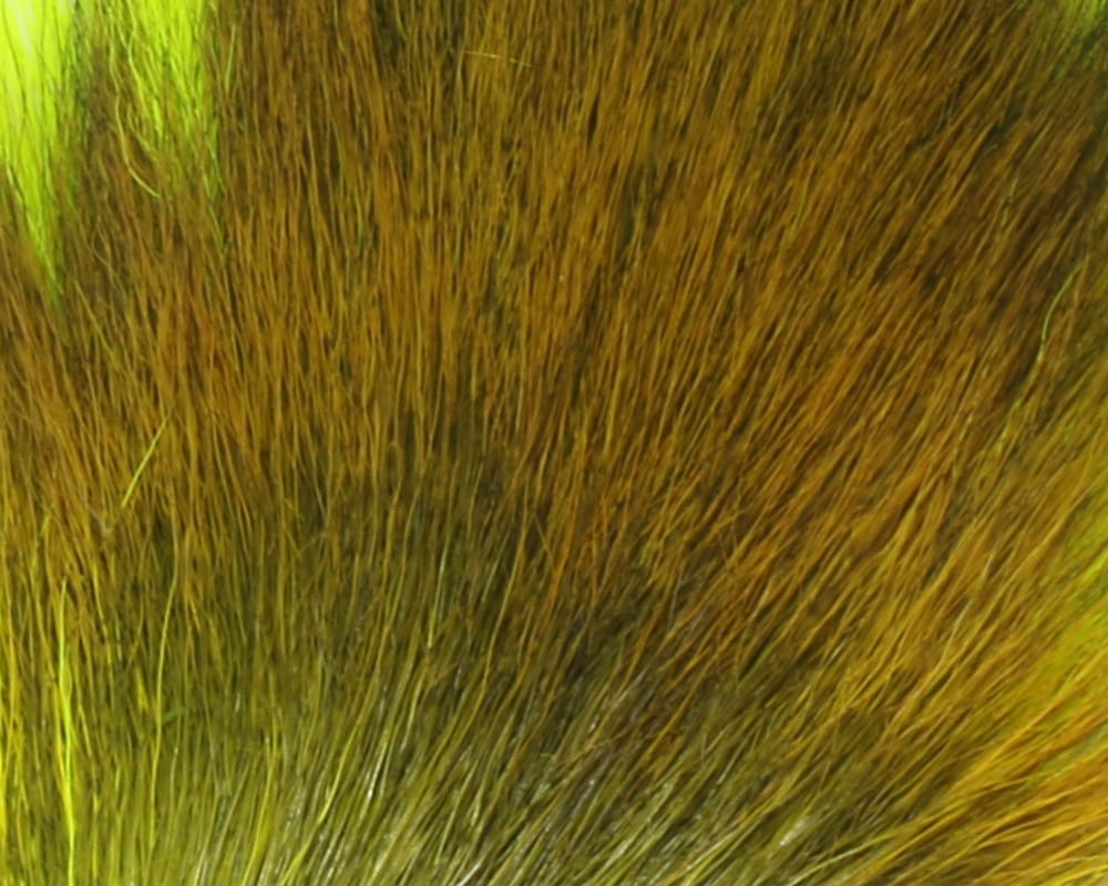 Olive-brown Hareline Petite Bucktail hair, fine glossy natural fibers for fly tying and streamer bodies