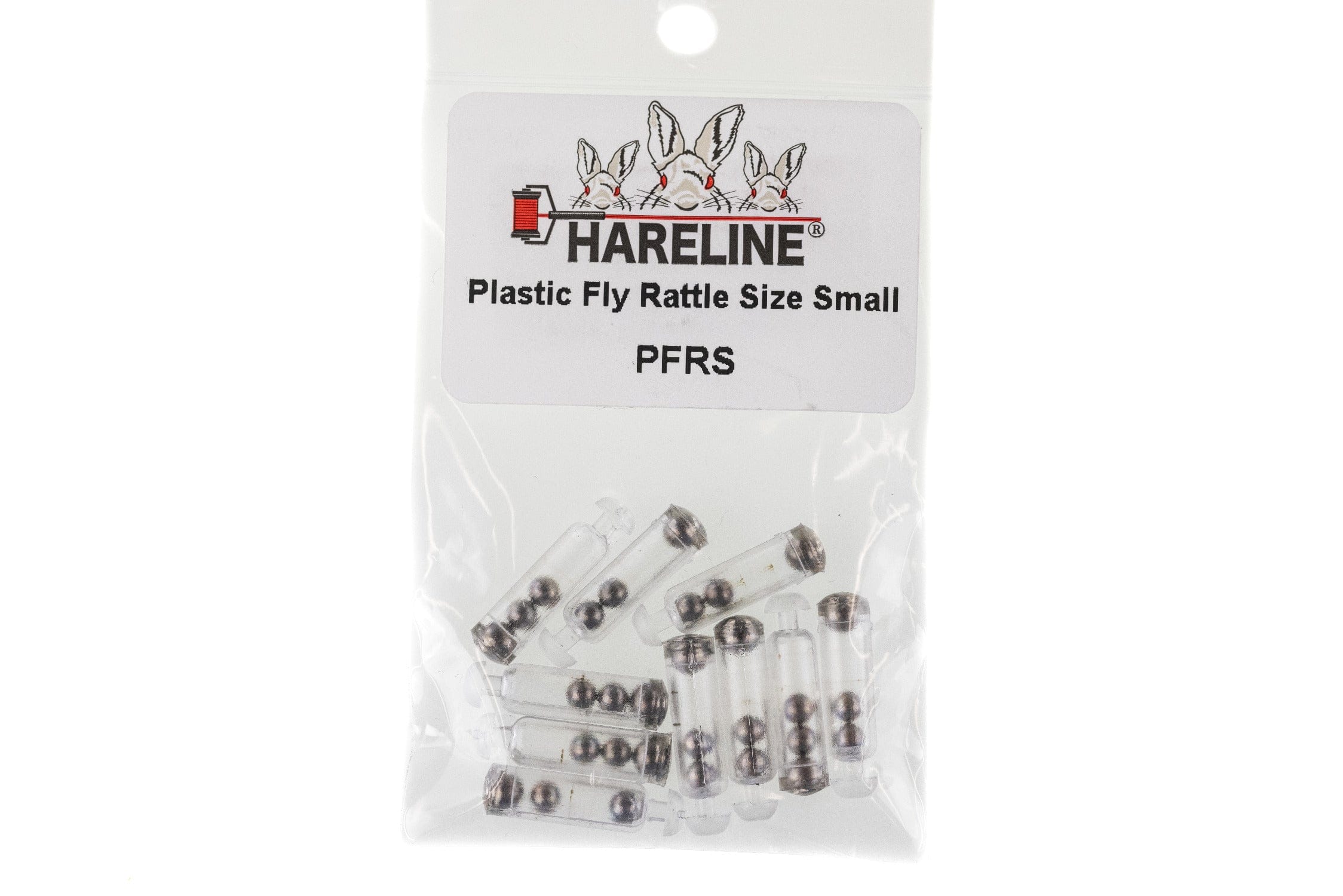 Hareline clear plastic fly rattles with silver metal beads visible in sealed bag, fly tying accessory