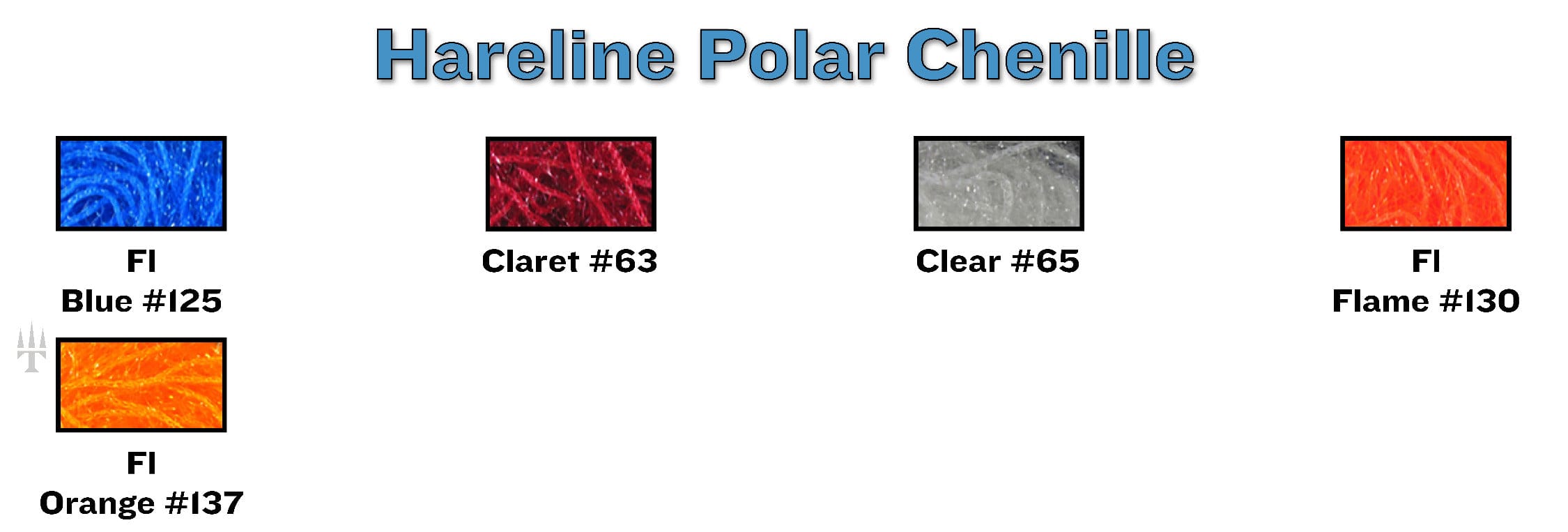 Hareline chenille swatches: fuzzy synthetic in fluorescent blue #125, claret #63, clear #65, flame #130, orange #137