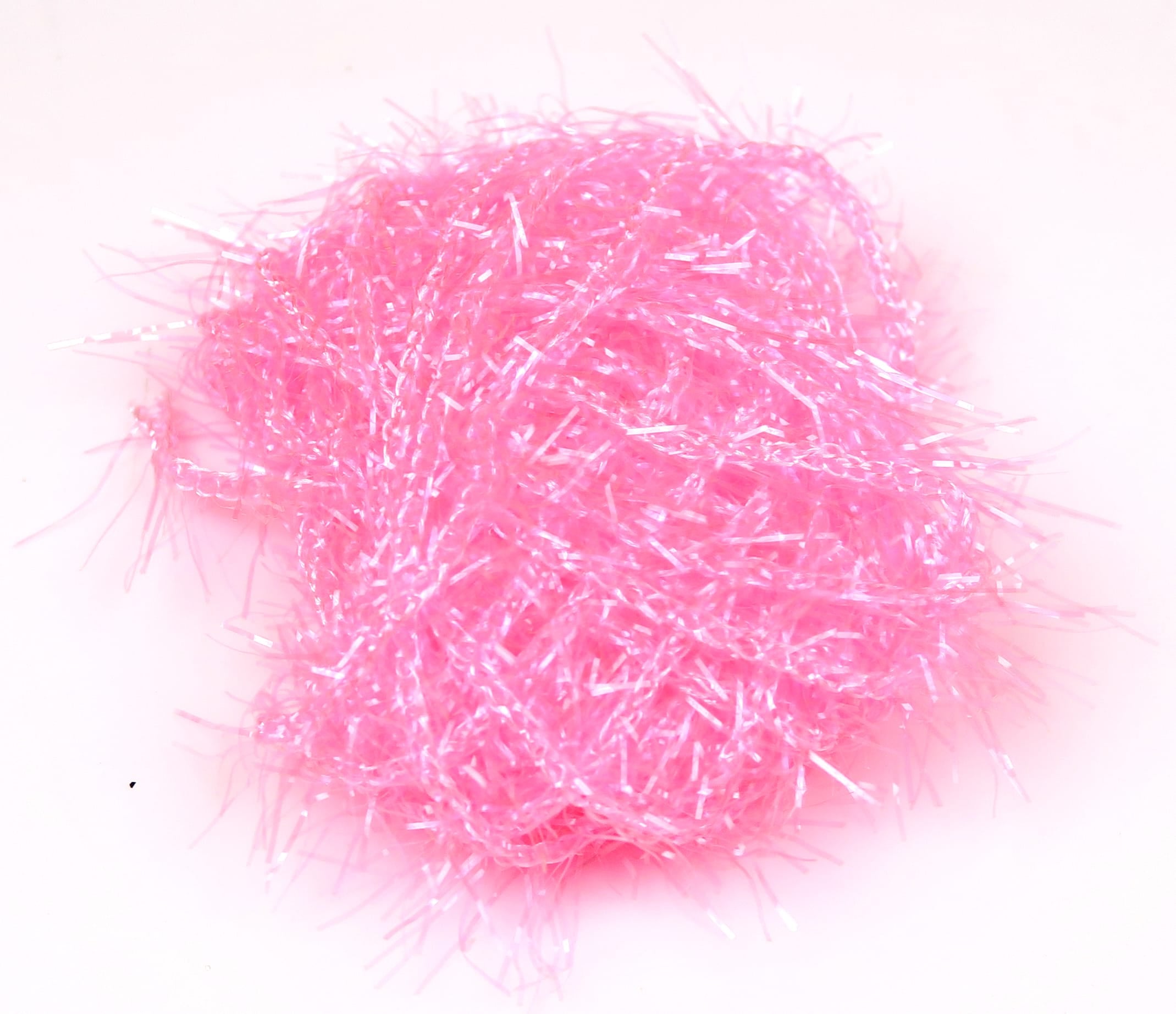 Hot pink Polar Chenille with iridescent tinsel strands, fuzzy synthetic yarn for fly tying