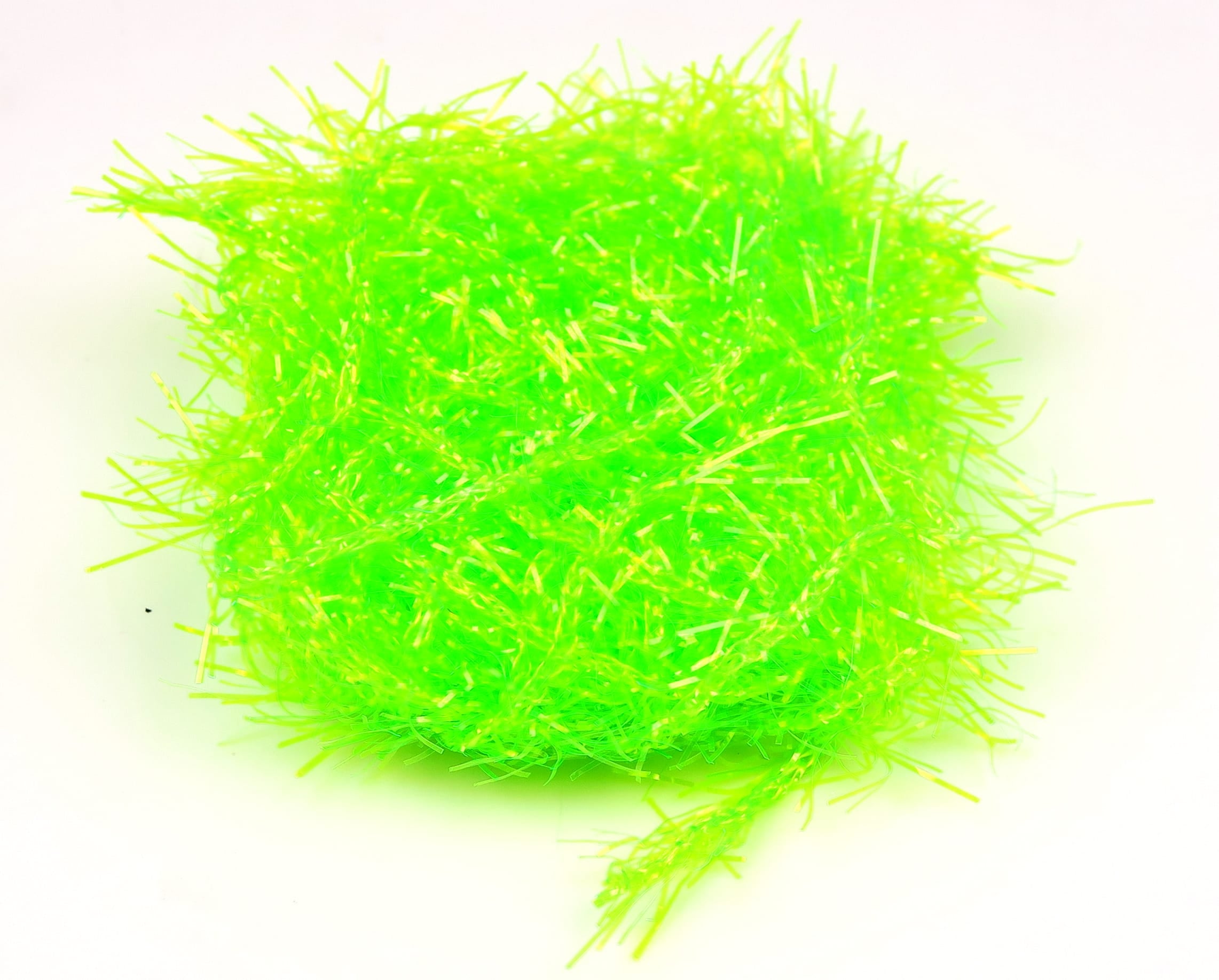 Chartreuse Hareline Polar Chenille bundle with iridescent tinsel fibers, fluffy synthetic yarn for fly tying