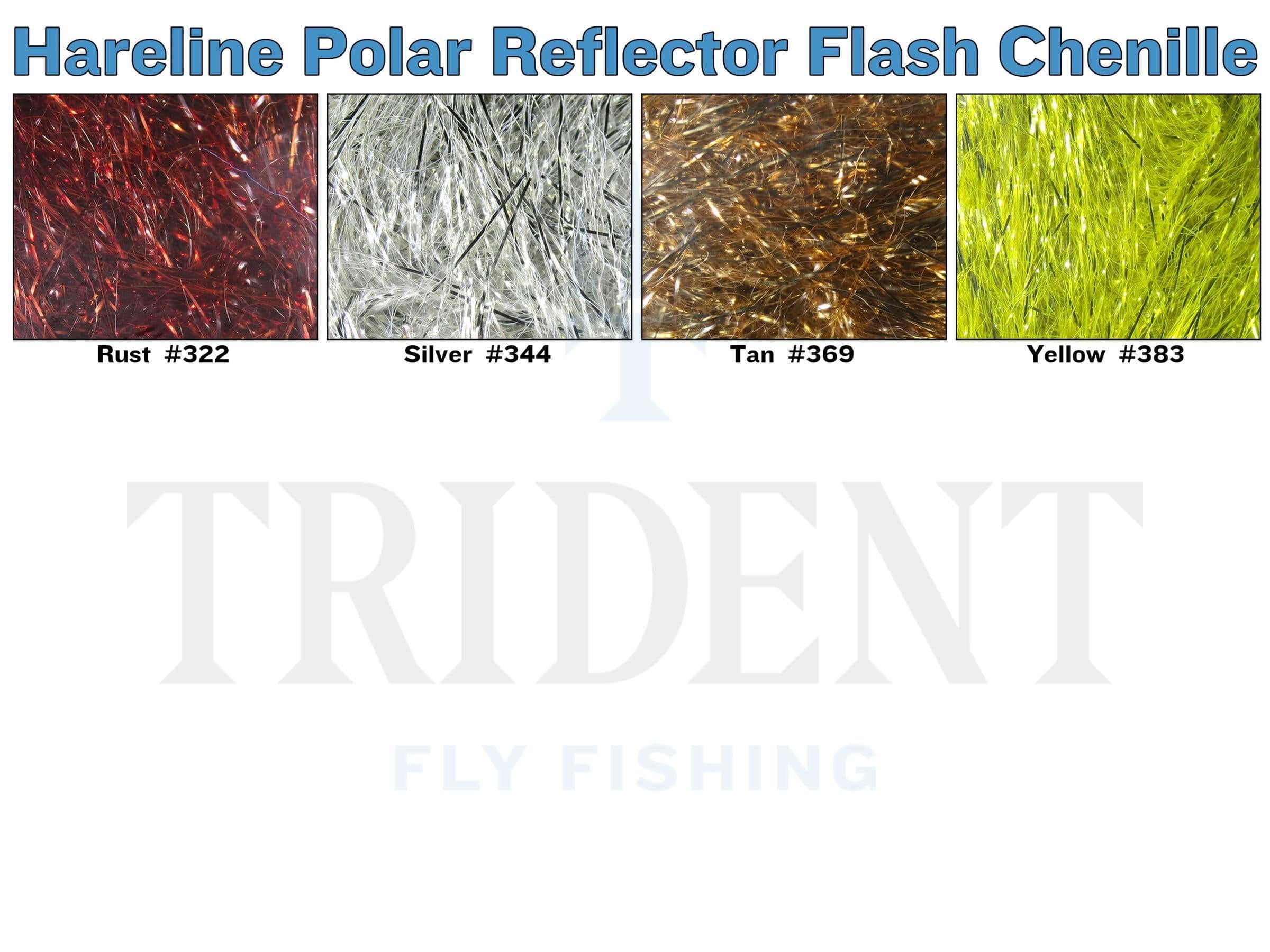 Four close-up swatches of Hareline flash chenille: rust, silver, tan and bright yellow shiny synthetic fibers for fly tying