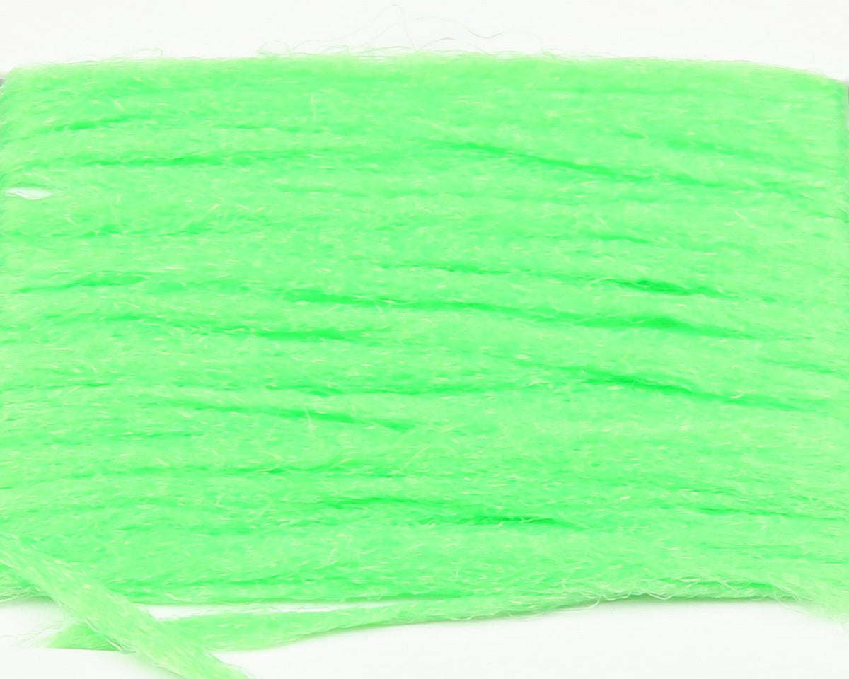 Neon chartreuse polypropylene floating yarn with fuzzy fibrous texture, thick strands for fly tying