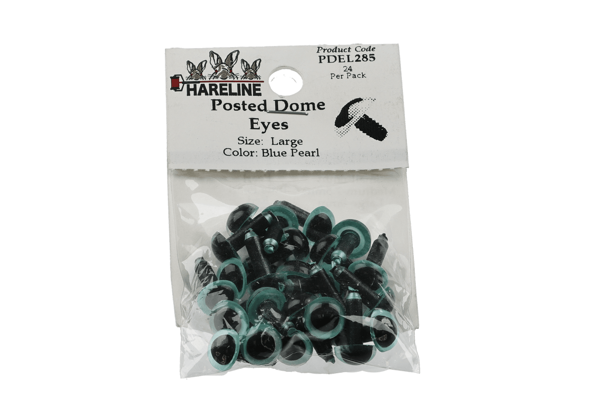 Hareline posted dome fly tying eyes, large blue pearl plastic domes with black centers and metal posts in clear package