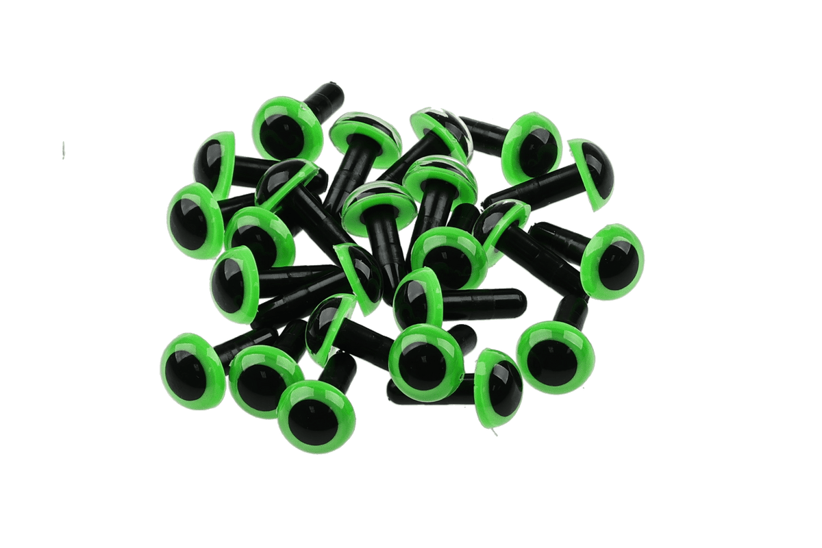 Glossy green-rimmed dome eyes with black centers and black plastic posts for fly tying