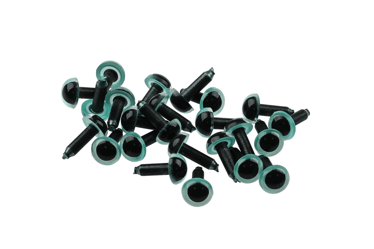 Hareline posted dome eyes black glossy domes with translucent teal rims on black plastic posts for fly tying