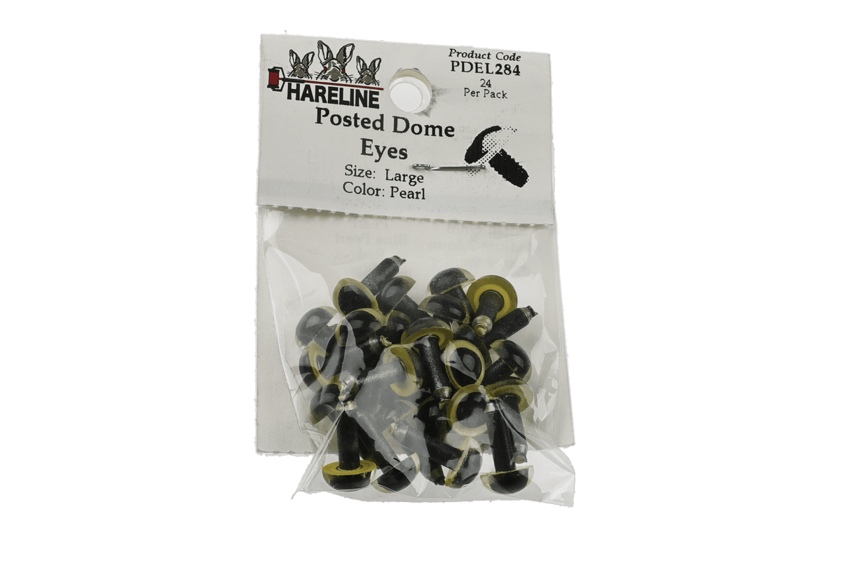 Hareline Posted Dome Eyes large pearl, black posted stems with yellow-rimmed pearl centers, pack for fly tying