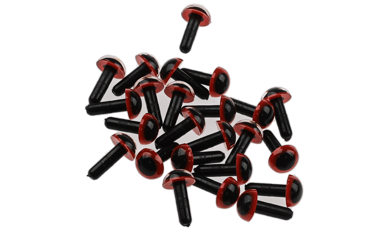 Black plastic dome eyes with glossy black domes, red rims and short black posts for fly tying