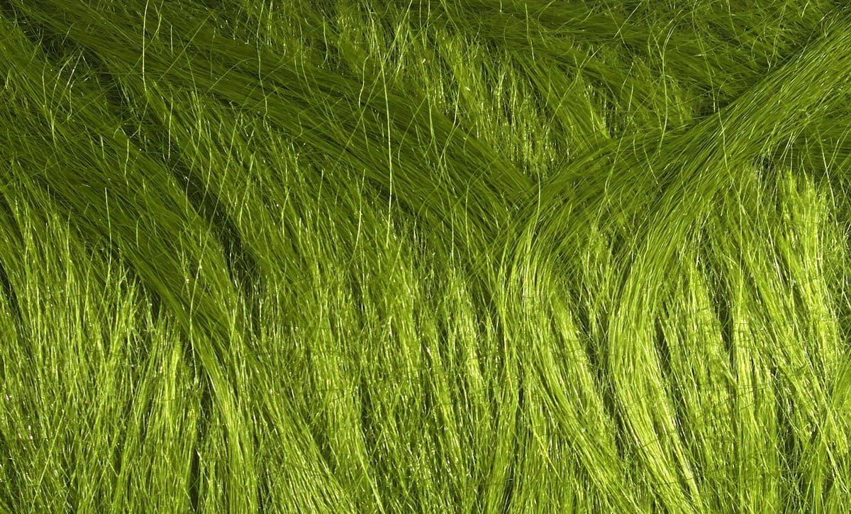 Chartreuse Hareline pseudo hair synthetic fibers for fly tying, long glossy strands with silky texture
