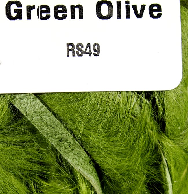 Green olive Hareline rabbit fur strips for fly tying, soft long fur with leather-backed strip visible