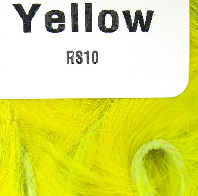 Hareline yellow rabbit fur strips for fly tying, close-up of bright yellow soft fur with partial white label RS10