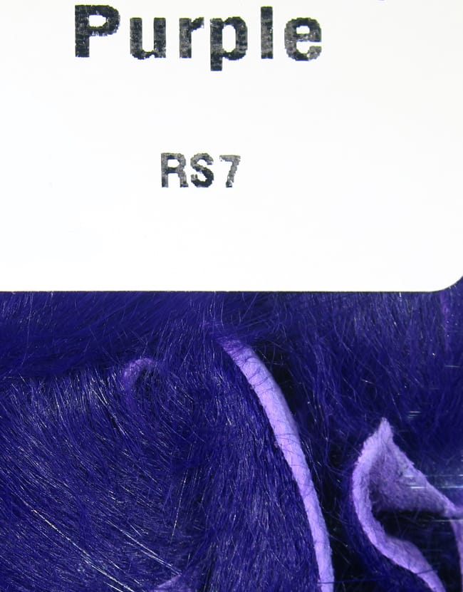 Deep purple Hareline rabbit fur strips on white backing labeled RS7, long soft fibers for fly tying
