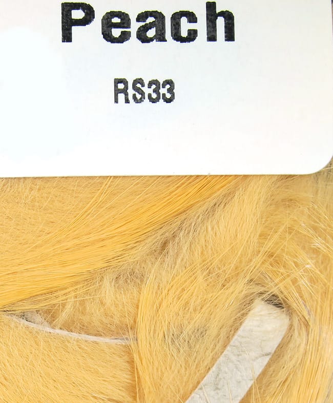Peach Hareline rabbit fur strips, soft long peach-colored fur for fly tying, labeled RS33