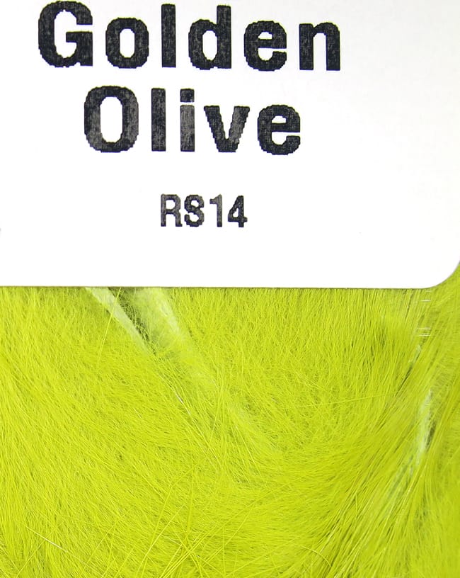 Hareline Golden Olive rabbit fur strips for fly tying, bright chartreuse olive fur texture