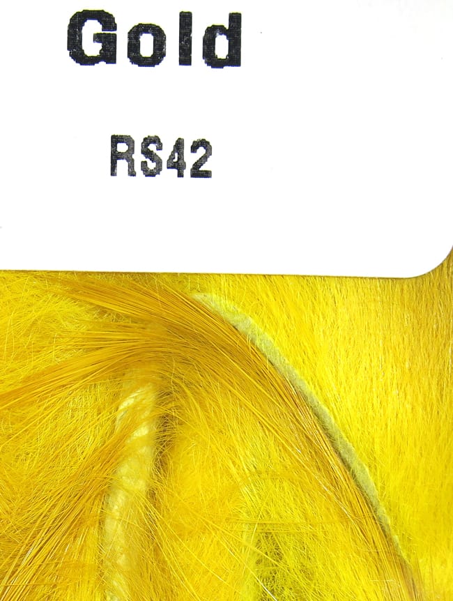 Gold Hareline rabbit fur strips for fly tying, bright yellow dyed fur with long soft hairs and taped strip