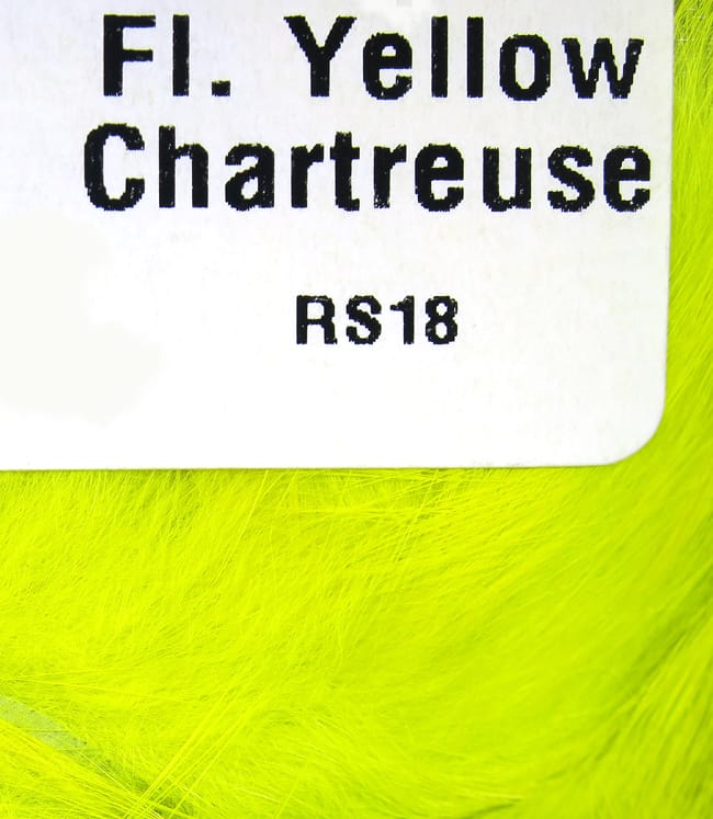 Hareline rabbit fur strips in fluorescent chartreuse yellow, soft fine hair for fly tying labeled RS18