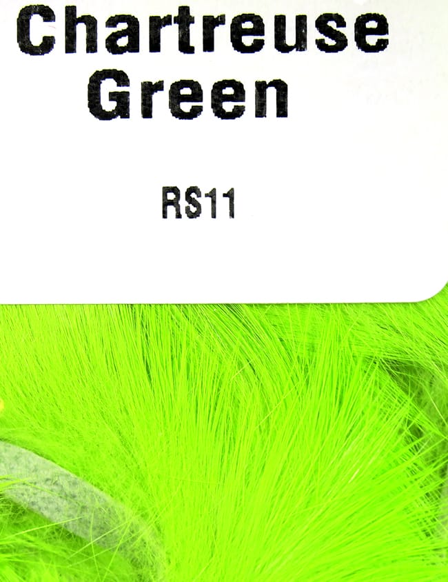 Hareline chartreuse green rabbit fur strips for fly tying, long soft bright neon fibers on product card