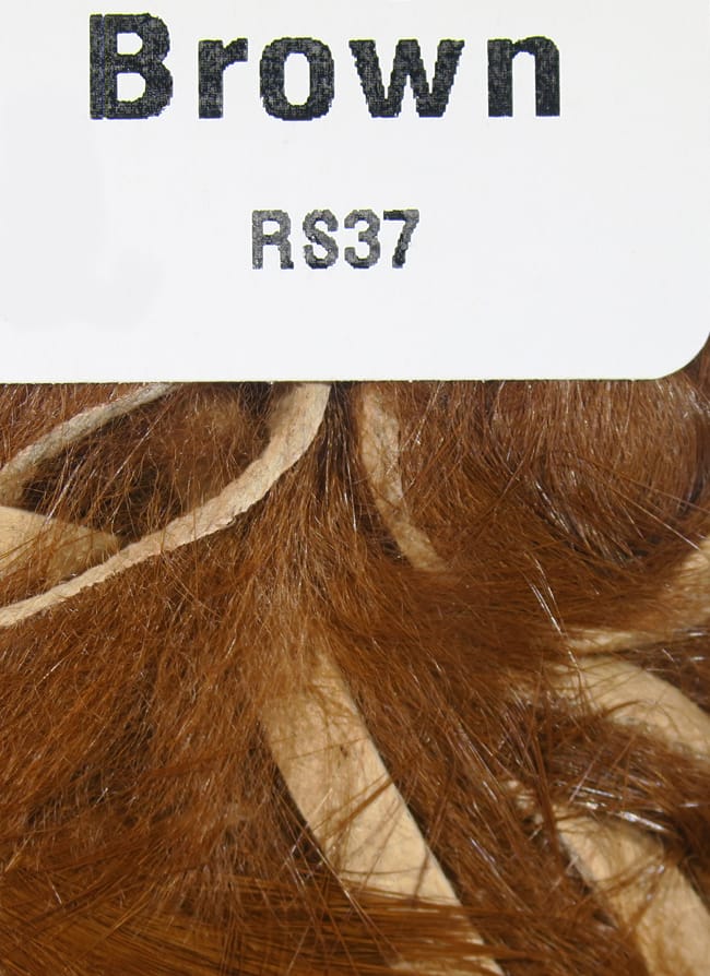 Brown Hareline rabbit fur strips for fly tying, soft brown fur attached to tan leather strips labeled RS37