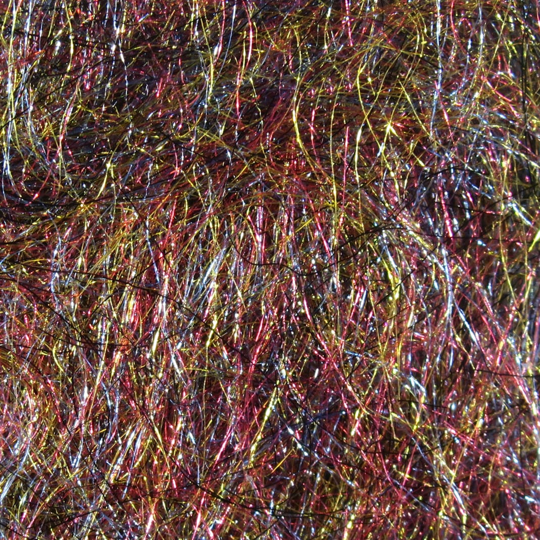 Hareline Rainbow Scud Dub iridescent fly tying dubbing with tangled metallic red, gold, blue and green synthetic fibers