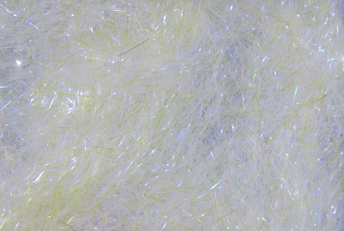 Ripple Ice Dub fly tying dubbing: white iridescent synthetic fibers with chartreuse micro strands and holographic sparkle