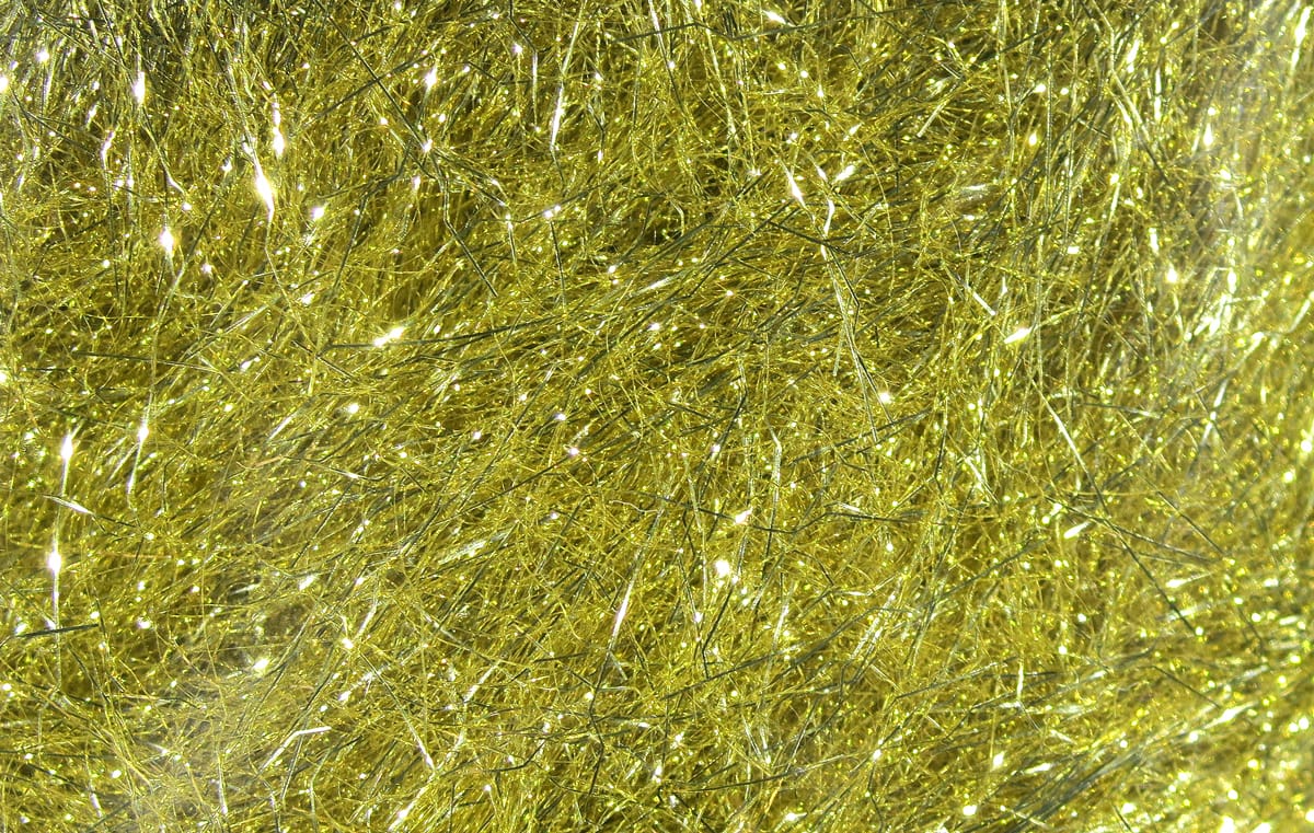 Gold Hareline Ripple Ice Dub fly tying dubbing: fine iridescent synthetic fibers with sparkling tinsel-like strands
