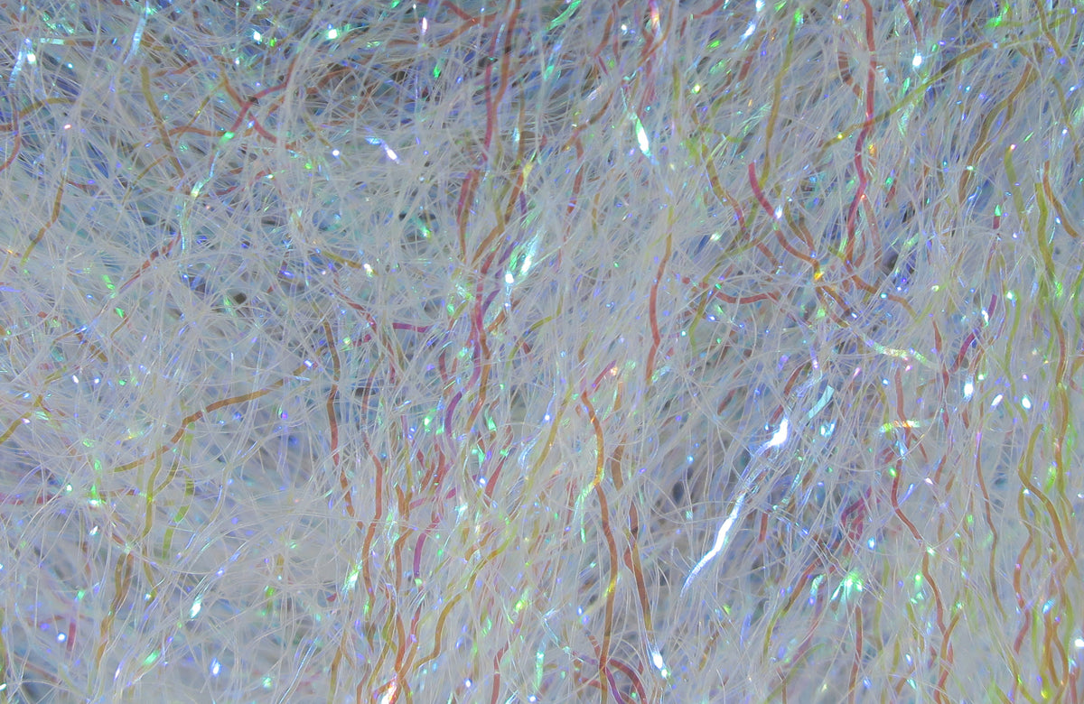 Iridescent white Ripple Ice fiber with fine curly gold and pink strands, sparkly synthetic fly tying material