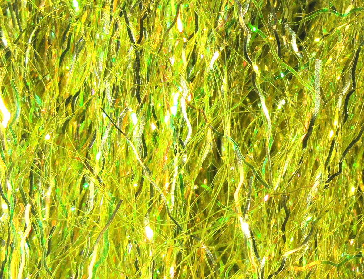 Chartreuse iridescent Ripple Ice Fiber with wavy metallic ribbons and fine wispy strands for fly tying