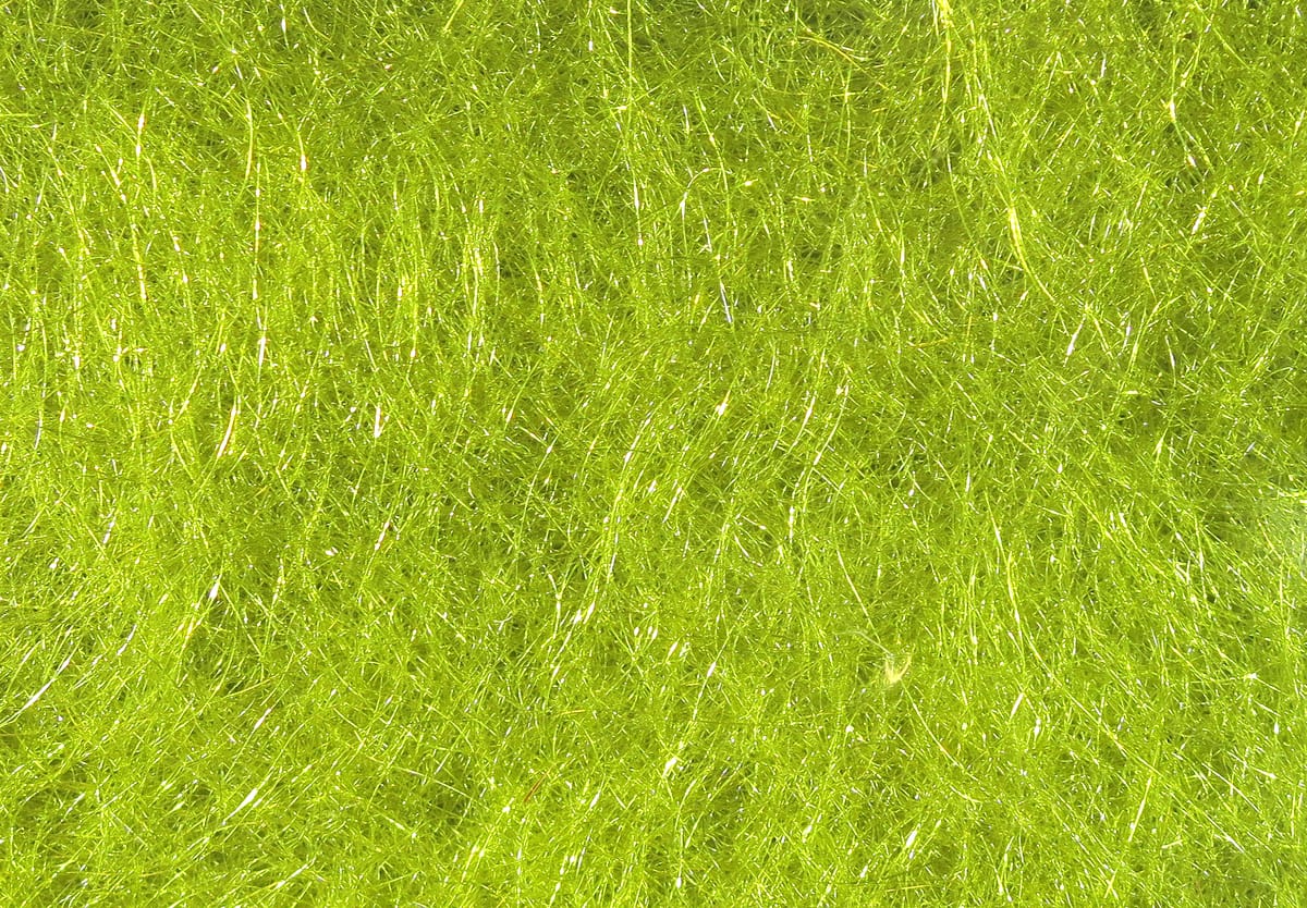 Chartreuse Hareline Scud Dub synthetic dubbing with fine iridescent flash fibers, fluffy fly tying material