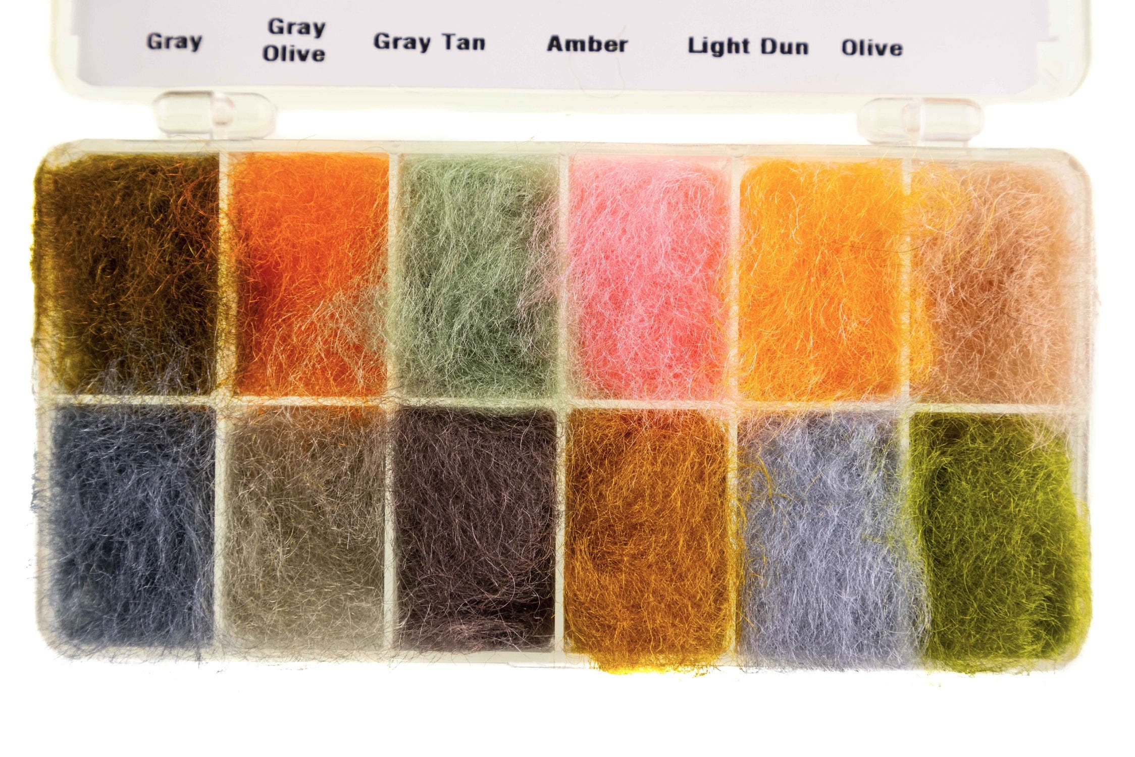 Multi-color Hareline Scud Dub fly tying dubbing in clear plastic dispenser; fuzzy fibers in organized color compartments
