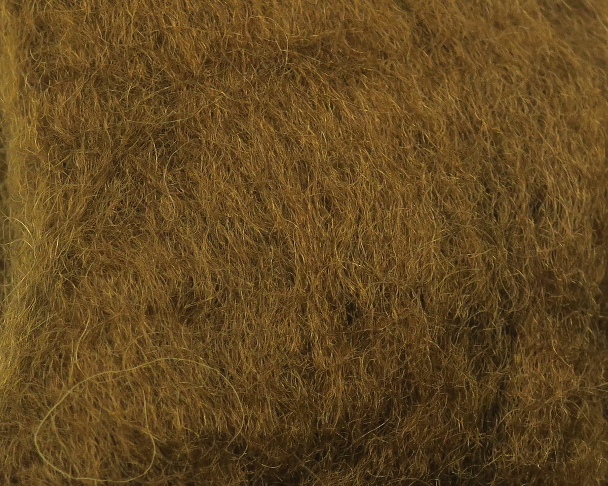 Olive-brown sculpin wool, dense fluffy fibers with fine guard hairs, fly tying dubbing material