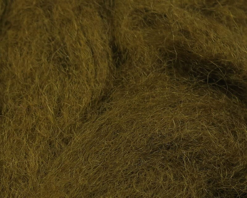 Olive-brown sculpin wool with loose, fuzzy fibers and natural sheen for fly tying
