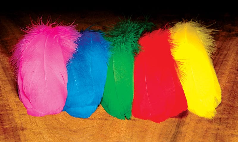 Hareline goose shoulder dyed bright pink, blue, green, red and yellow, soft natural plumes on brown fabric