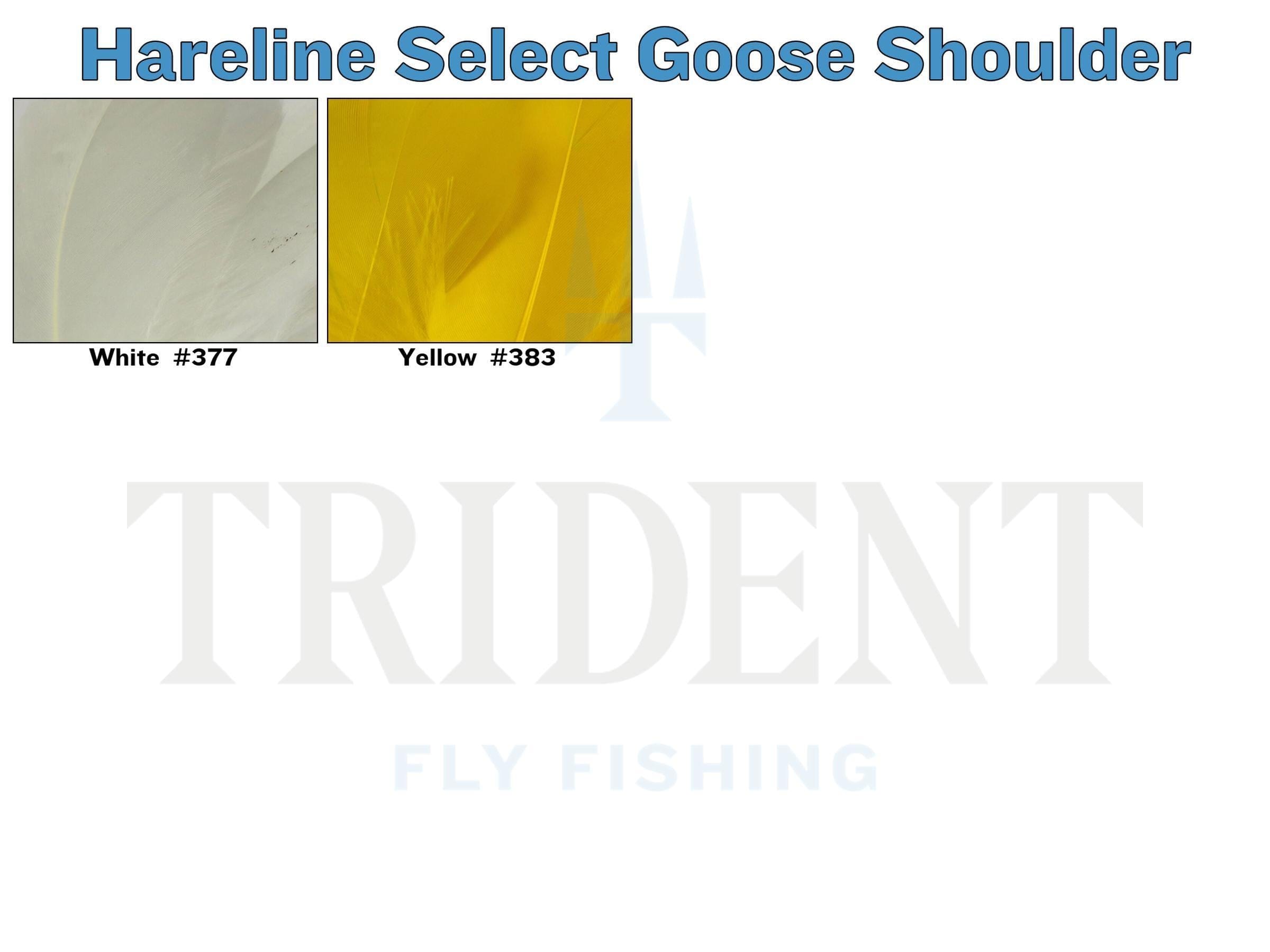 Hareline goose shoulder feathers in white and bright yellow close-up, soft natural goose feather material for fly tying