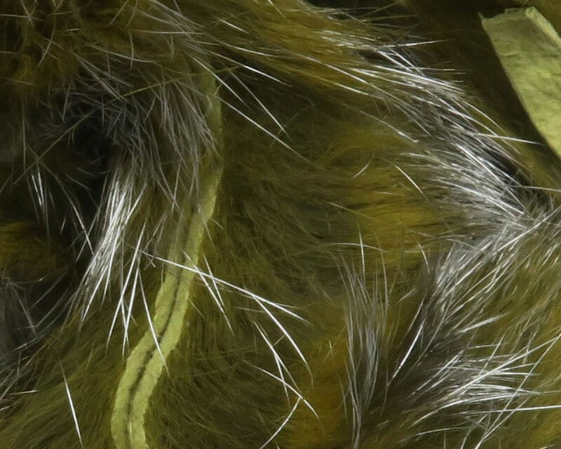 Olive chartreuse Hareline Shimmer rabbit fur strips with silver guard hairs for fly tying