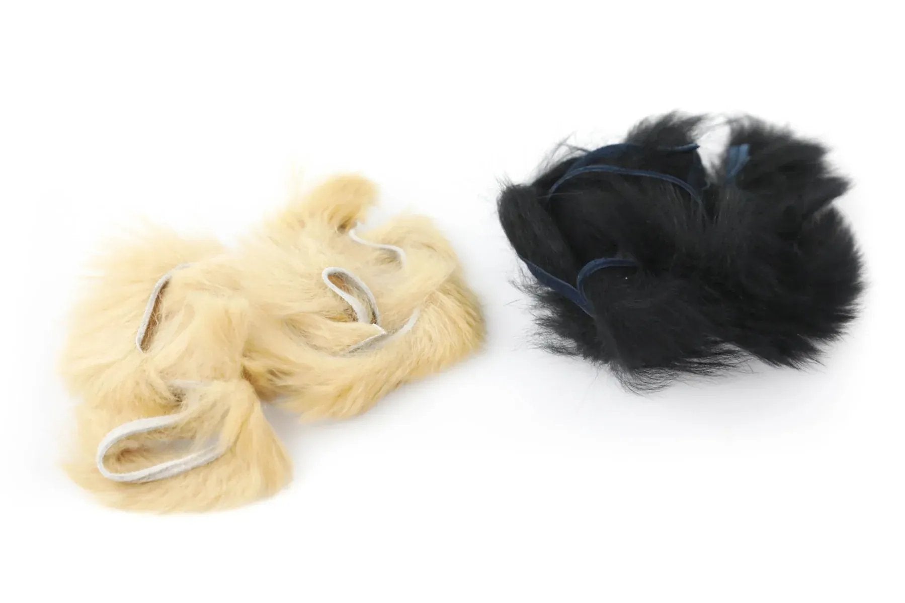 Fluffy Hareline Silky Bunnybou strips, tan and black silky rabbit fur strips on fabric tape for fly tying