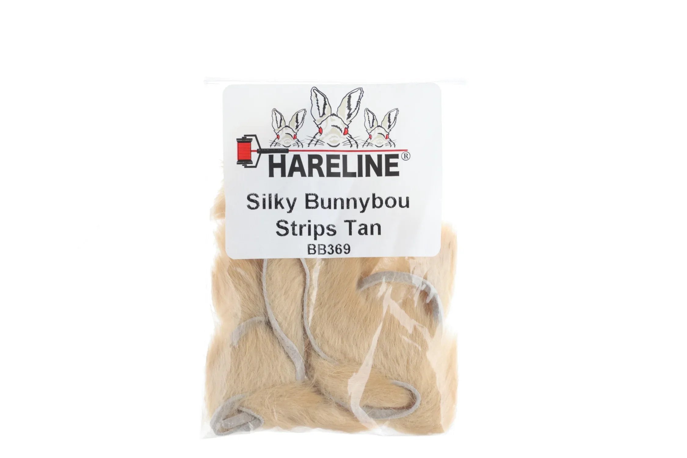 Hareline Silky Bunnybou tan fur strips in clear bag with rabbit logo, soft bunny strips for fly tying