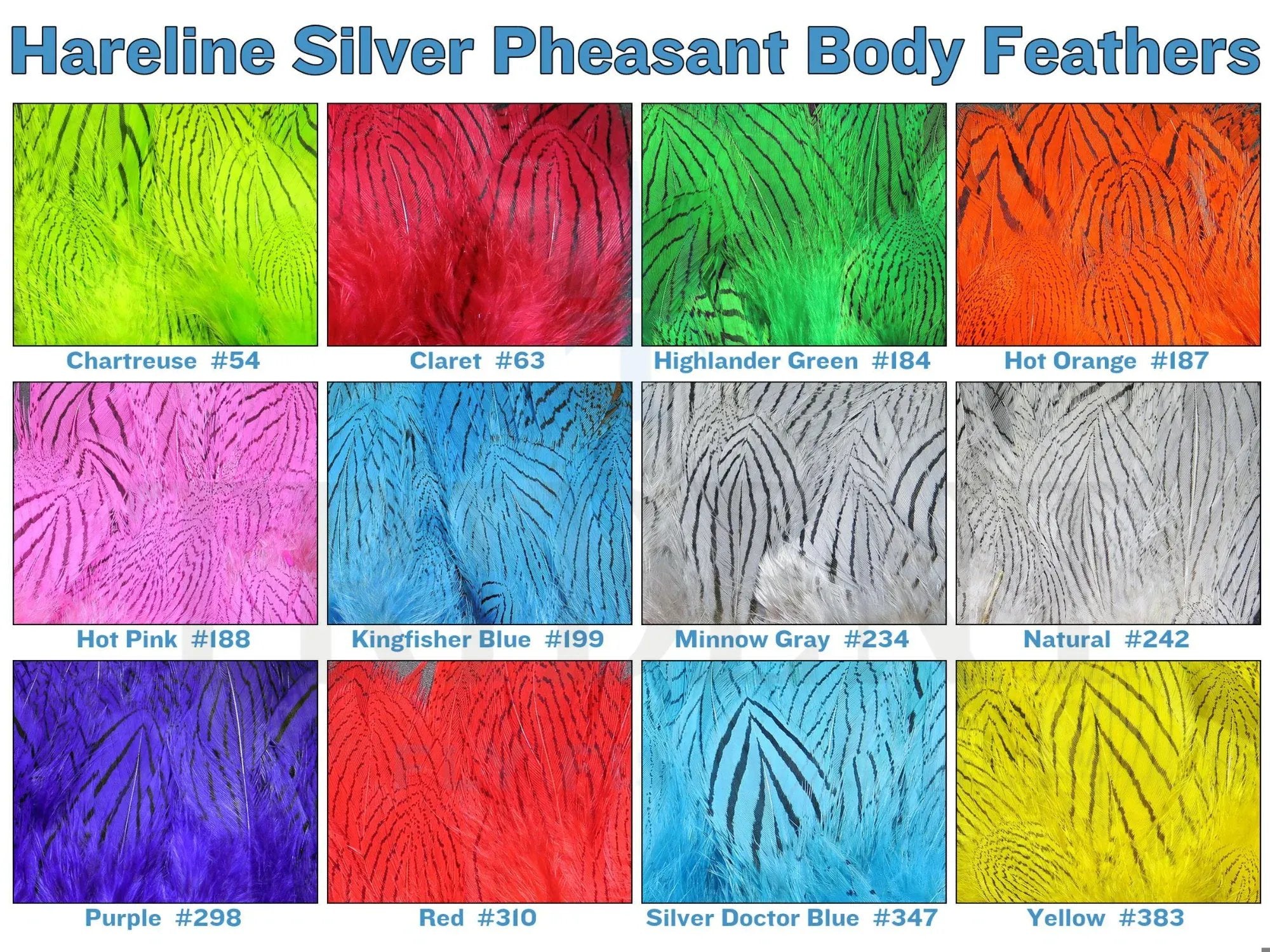 Hareline silver pheasant feathers, assorted bright dyed colors with black barred pattern and soft fibers for fly tying