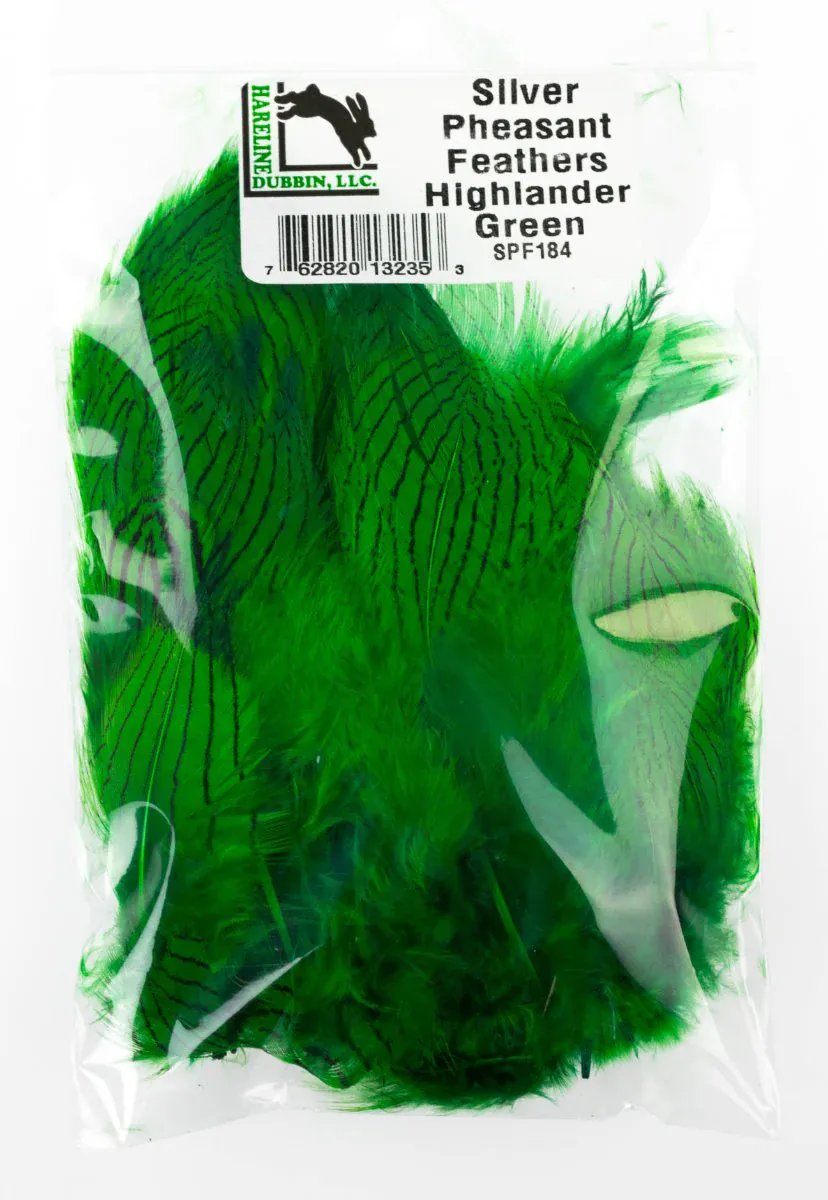 Hareline silver pheasant body feathers dyed vibrant green with black barring, soft fly-tying body feathers pack
