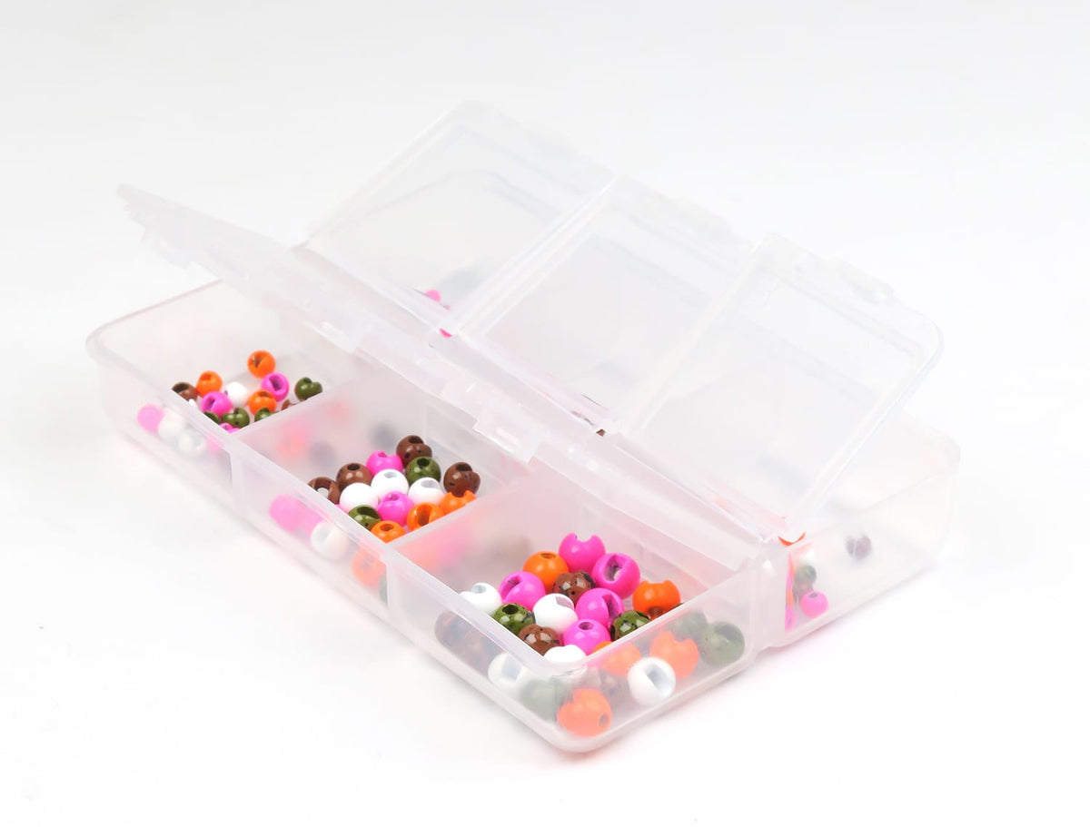 Clear plastic organizer with 150-piece assorted slotted tungsten beads in pink, orange, white, green and brown for fly tying