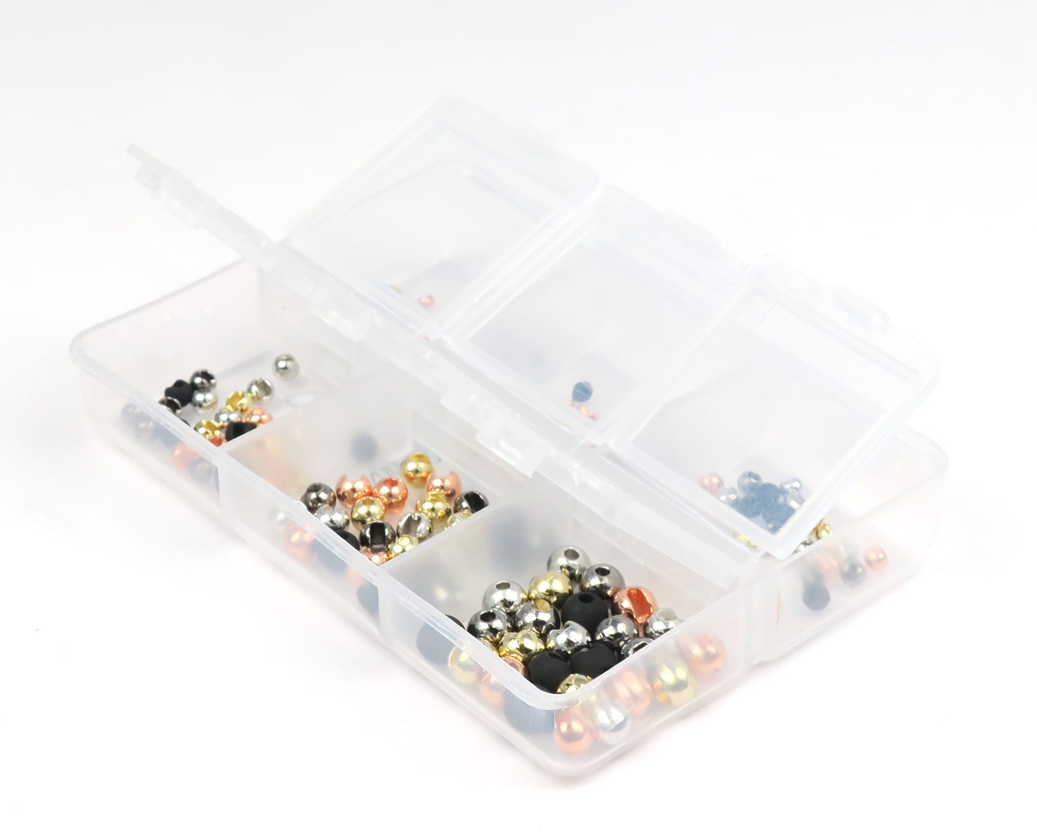 Clear plastic organizer with assorted slotted tungsten beads in silver, gold, copper and matte black for fly tying