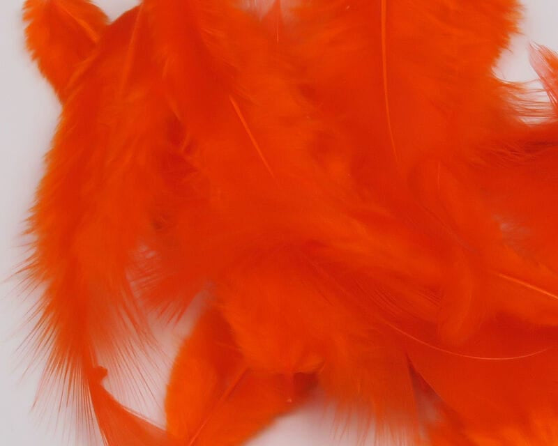 Vibrant orange Hareline soft hackle feathers, fluffy dyed feather fibers for fly tying