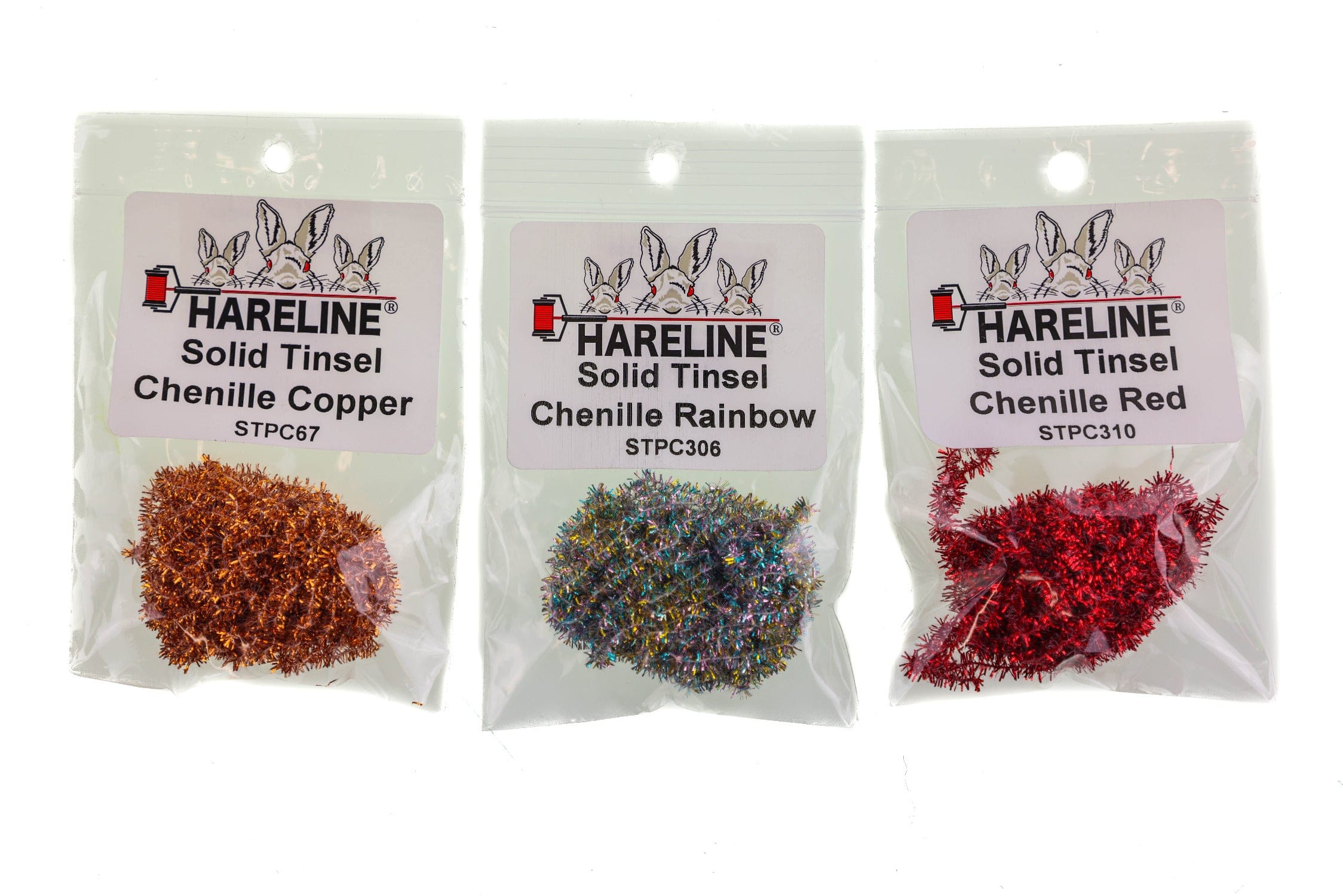 Hareline Solid Tinsel Chenille packs for fly tying: copper, iridescent rainbow and red metallic chenille